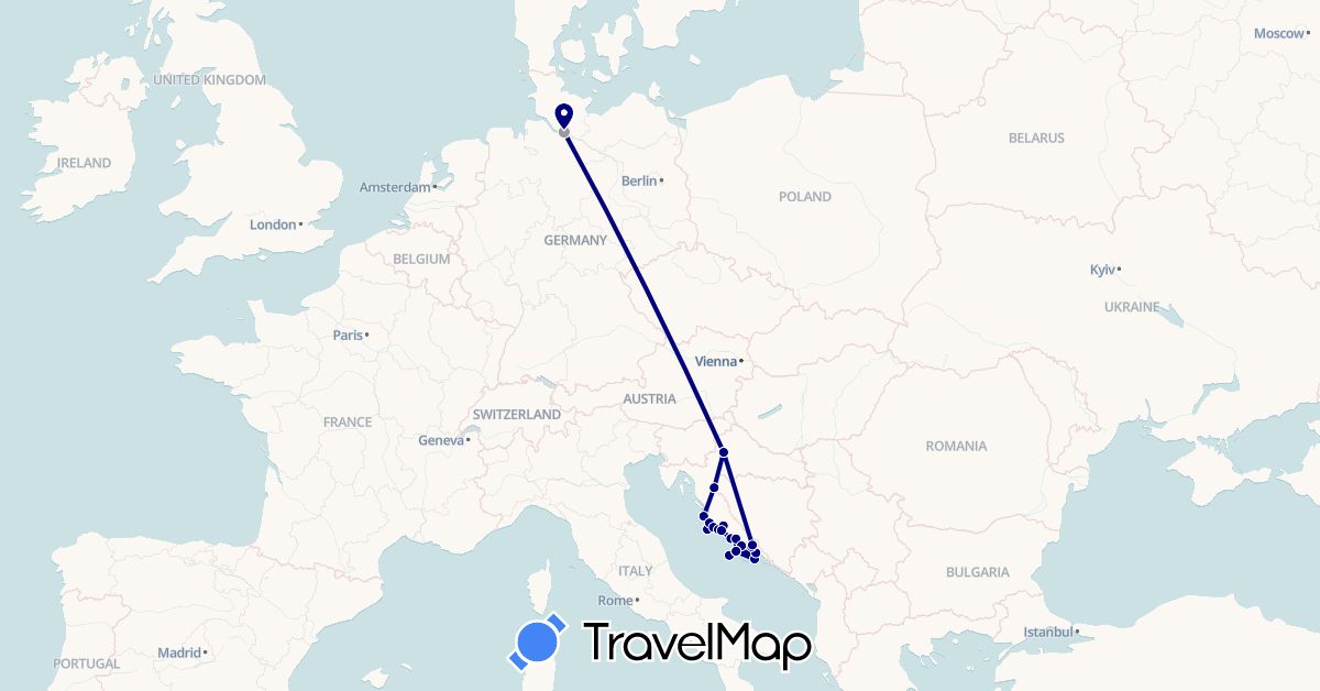 TravelMap itinerary: driving, plane in Germany, Croatia (Europe)